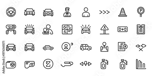 Minimalist car sharing line icons set, 32 vector elements for transportation and ride hailing apps, modern automotive service and rental symbols
