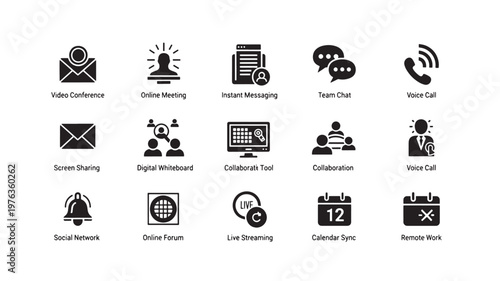 Communication icons represent modern remote work tools such as video conferencing, instant messaging, team chat, and screen sharing capabilities for professional collaboration.