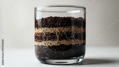 Transparent container showing layered soil with roots spreading through different depths.