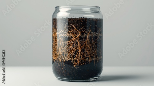 Transparent container showing layered soil with roots spreading through different depths.