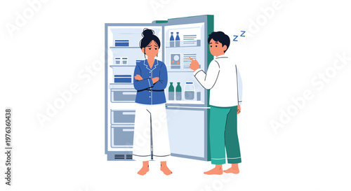 People talking in front of refrigerator, kitchen conversation, fridge storage, food planning, vector illustration