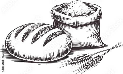 Hand drawn of a loaf of bread a sack of flour and wheat ears white background grain