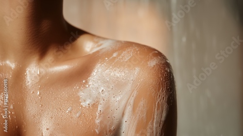 Person bathing with soap suds on shoulder