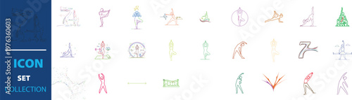 Minimalist yoga icon set collection, 71 line art yoga poses and meditation symbols, colorful thin stroke fitness icons for wellness apps