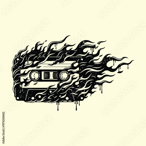 Flaming Speed Fire Cassette Tape Ink Drip Vector T-Shirt Design Illustration