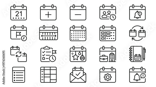 Calendar and event planning line icons for schedule management and appointment app.