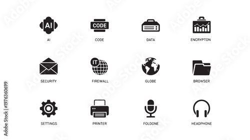Icons representing essential business and information technology tools like artificial intelligence, global networks, printers, and audio equipment are shown.