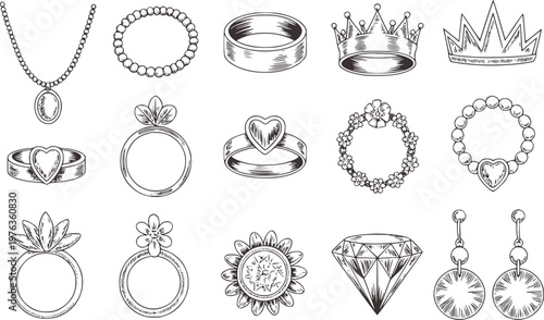 Hand drawn collection of jewelry including necklaces rings bracelets crowns and diamonds