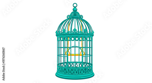 A teal-colored birdcage with a dome-shaped top and ornate details, hanging on a white background