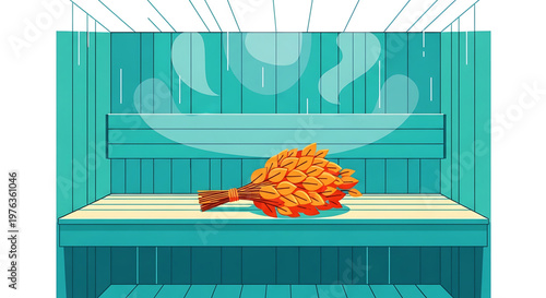 A vector graphic illustration of a bundle of birch branches on a sauna bench