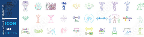 Fitness and bodybuilding icon set, colorful gym workout vector symbols, athletic training and weightlifting collection for sports app design
