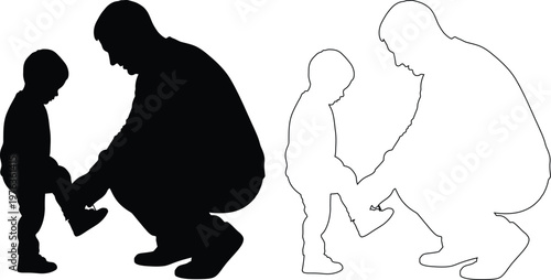 Two People Helping Child Tie Shoelaces Silhouette Style