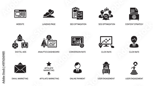 Digital marketing icons outline various online business strategies including search engine optimization, analytics, and user engagement metrics.