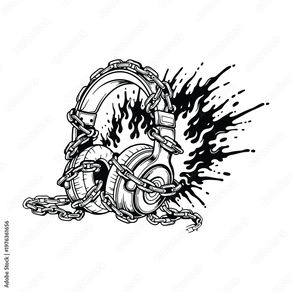 Obraz premium Headphones Wrapped in Chains with Fire Ink Splash Vector T-Shirt Design Illustration