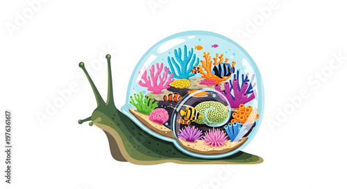 A colorful vector illustration of a snail with an aquarium inside its shell