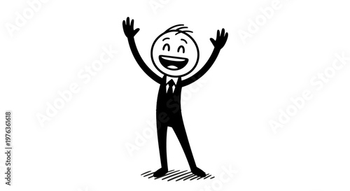 A cartoon man in a business suit with raised hands.