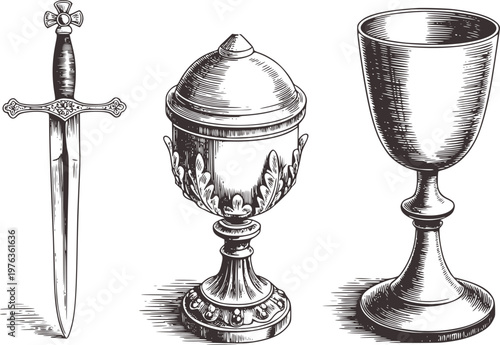 Engraved Sword Chalice and Goblet White Background Vintage Style engraving