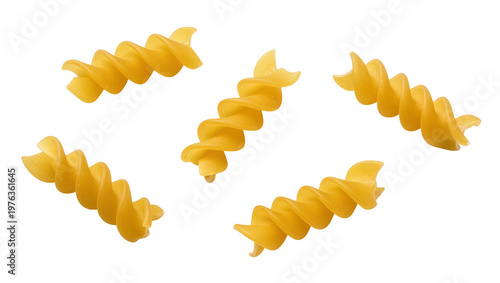 Obraz na plátně Five golden fusilli pasta shapes, isolated on transparent background