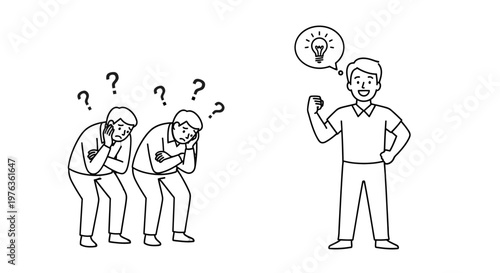 Businessman having an idea while others are puzzled.