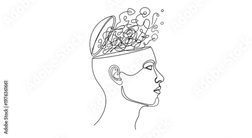 Continuous line drawing of a woman's head with thoughts.