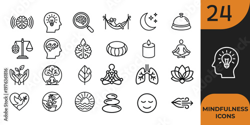 Collection of twentyfour mindfulness and meditation icons for relaxation wellness and mental health themes