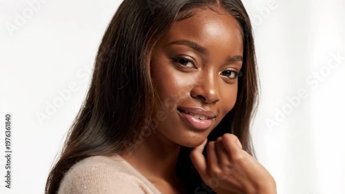 Closeup portrait of a beautiful young black woman with long dark hair smiling
