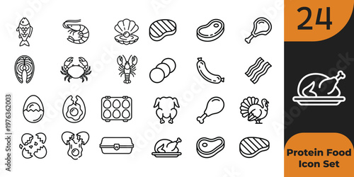 Comprehensive protein food icon set with meat seafood eggs and poultry illustrations perfect for design