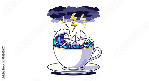 A whimsical vector illustration of a teacup with a stormy sea and sailboat inside