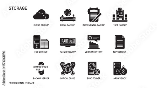 Storage management icons provide a visual guide to various data backup solutions including cloud systems, tape archives, optical drives, and redundant server arrays.