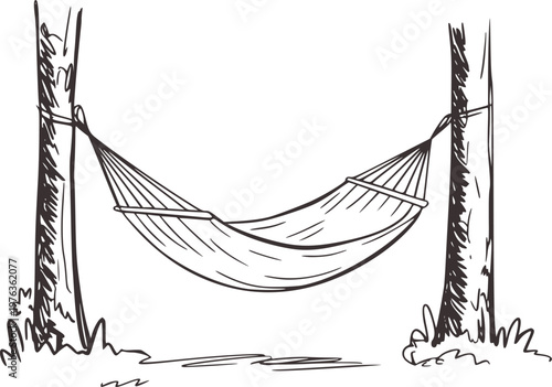 Hand Drawn of a Hammock Suspended Between Trees in a Forest Setting nature outdoor
