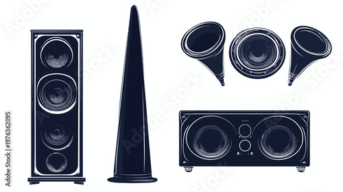 Stylized illustration of audio equipment, featuring speakers, a horn, and a tower.  Monochrome style