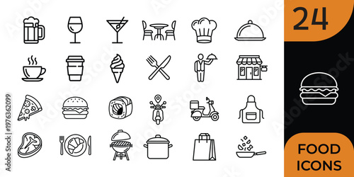 Handdrawn food and restaurant icons set with delivery and cooking elements in monochrome style
