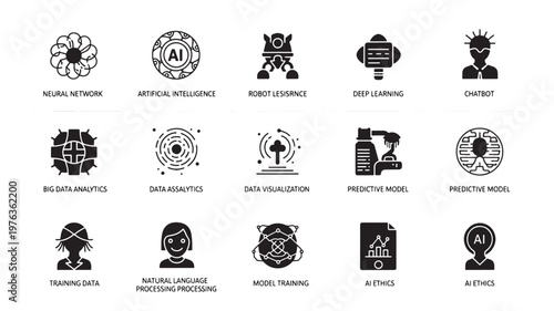 Artificial intelligence icons set displays advanced machine learning concepts like neural networks, predictive modeling, robotics, and automated data processing algorithms.