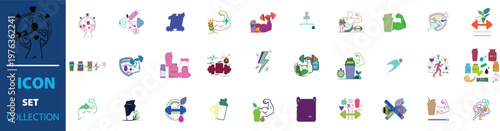 Modern health and fitness icon set, colorful wellness and gym vector collection, flat exercise and nutrition symbols for mobile apps and web design