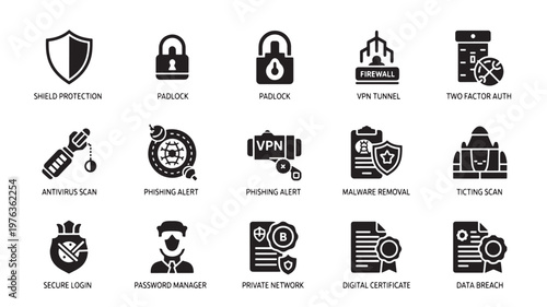 Cybersecurity icons collection illustrates essential digital safety measures including firewalls, encryption, and malware protection for professional network infrastructure security.