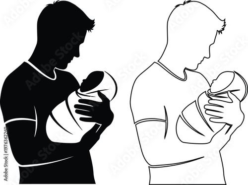 Parents holding newborn babies in contrasting black and white illustration style