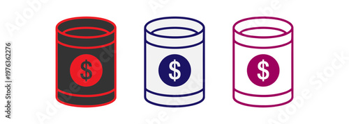 Set of cylindrical money saving containers with dollar signs