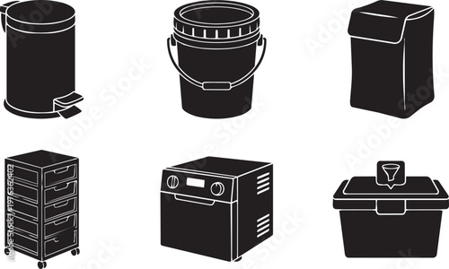 Vector silhouette set of heavy duty indoor compost icons featuring stainless steel pedal bin, worm bin, food digester and airtight container