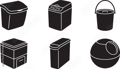 Vector silhouette set of geometric interior composting icons featuring electronic composter, wall mounted bin, bamboo pail and futuristic orb
