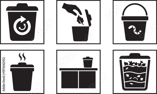 Vector silhouette set of iconic composting symbols featuring recycling arrow bin, worm bucket, kitchen collector and organic waste layers