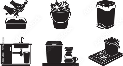 Vector silhouette set of interior kitchen waste icons featuring vegetable peeling over bin, full scrap bucket and under sink storage