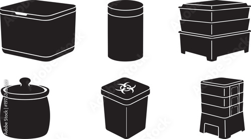 Vector silhouette set of modern urban composting icons including bokashi bin, worm factory, kitchen scrap collector and tiered indoor composter