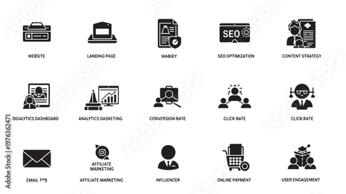 Digital marketing icons illustrate essential web strategies such as seo optimization, landing pages, affiliate marketing, and user engagement metrics.
