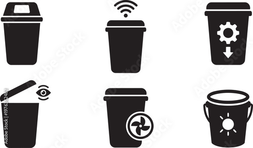 Vector silhouette set of smart composter icons featuring digital screen bin, electric grinding unit, wifi symbol and sensor lid