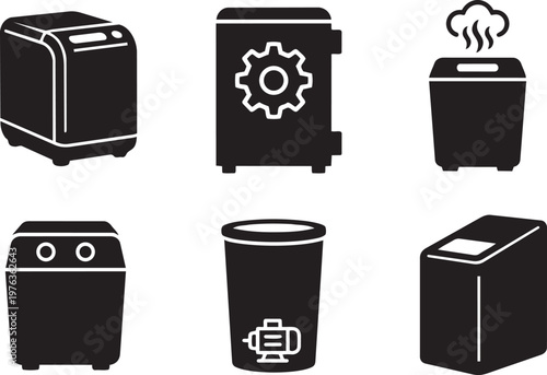 Vector silhouette set of electric food recyclers featuring compact desktop unit, grinding gear machine, heat symbol and modern processor