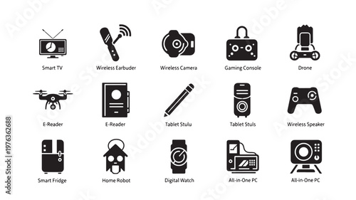 Assortment of icons representing modern electronic devices and smart home appliances.