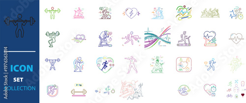 Fitness and gym line icon set, 32 colorful sports and workout vector elements, health and exercise symbols for training apps and wellness branding