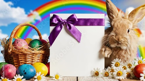 Easter composition with bunny, eggs in basket, and blank card