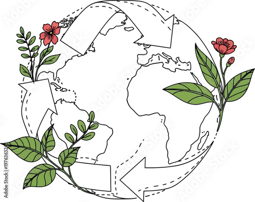 Hand drawn illustration of a globe surrounded by recycling arrows and blooming flowers representing environmental protection and the importance of sustainable living for our planet Earth.