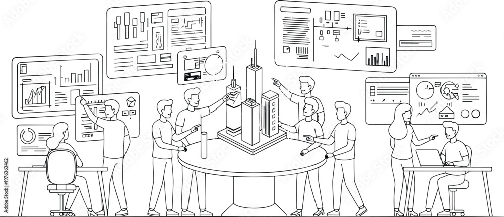 Naklejka premium Architectural team working on 3D city model and digital blueprints for smart urban development planning and collaborative construction project line art vector.